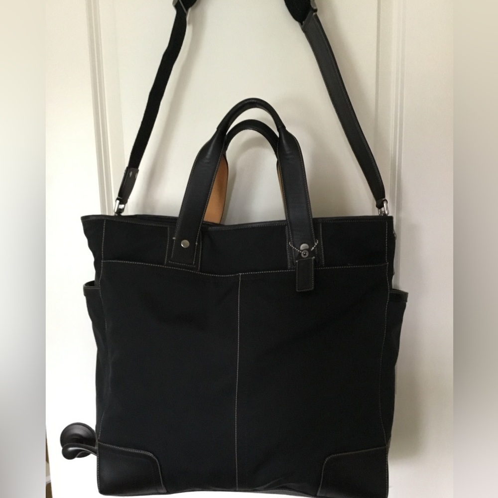 Coach Weekender Bag 16”L x 16”H x 5”W, nylon and black leather,